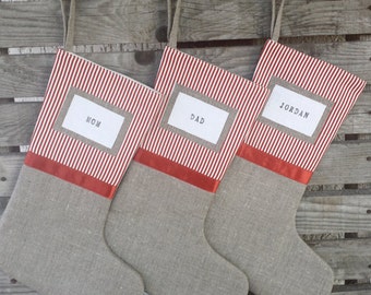 Vintage inspired stocking, red and white ticking stocking, christmas stocking, linen stocking, burlap stocking, striped stocking