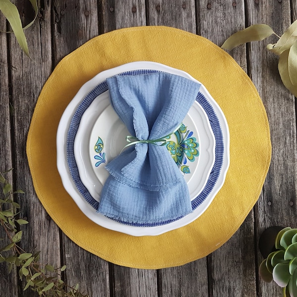 Round linen place mats, mustard placemats, yellow placemat, mustard yellow table linen, oker mats