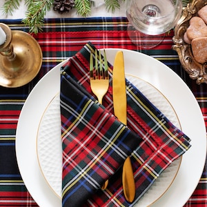 Black Stewart plaid napkins with red trim