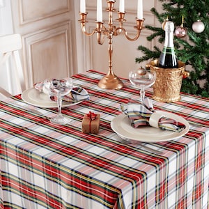 White Stewart tablecloth, Christmas tablecloth - plaid ,tartan, check,  white and red tablecloth, Christmas tablecloth.