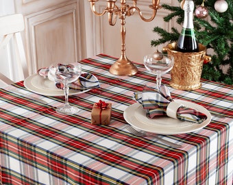 White Stewart tablecloth, Christmas tablecloth - plaid ,tartan, check,  white and red tablecloth, Christmas tablecloth.