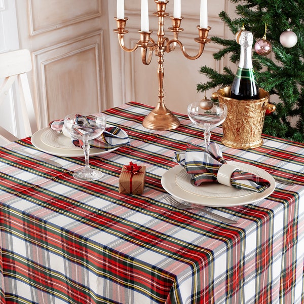 White Stewart tablecloth, Christmas tablecloth - plaid ,tartan, check,  white and red tablecloth, Christmas tablecloth.