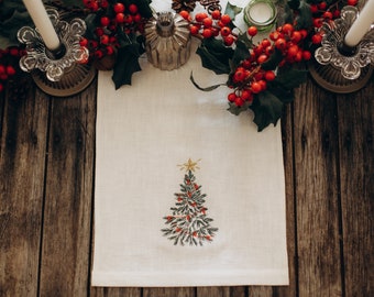 Christmas tree linen embroidered table runner, embroidered Christmas table runner