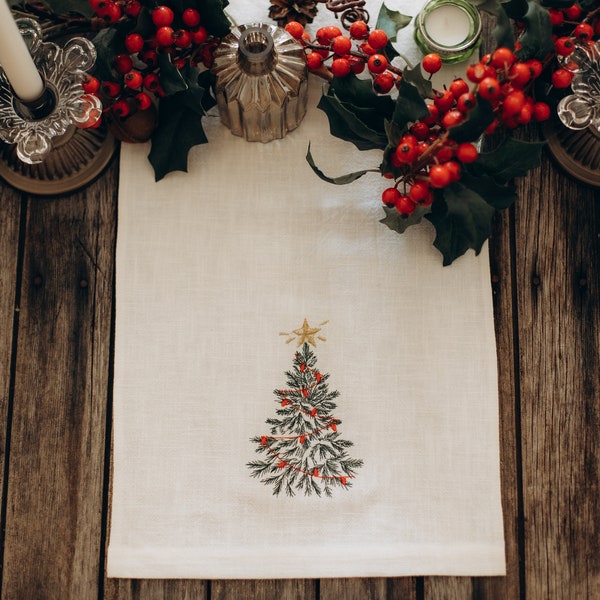 Christmas tree linen embroidered table runner, embroidered Christmas table runner