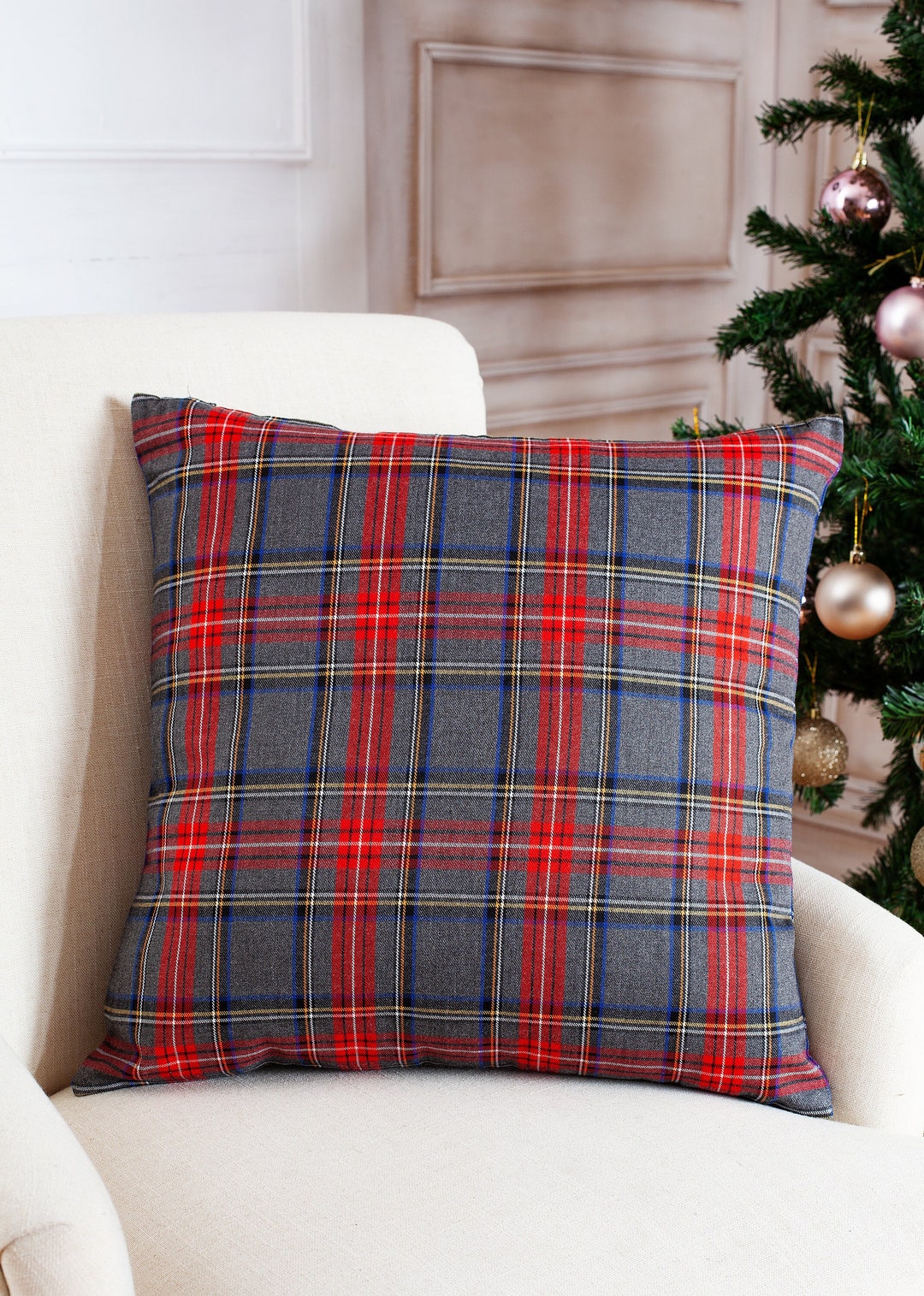 Gray Plaid Pillow Cover, Farmhouse Pillow Cover, Tartan Pillow Sham
