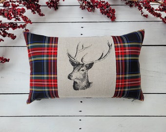 Stag pillow cover, Farmhouse pillow covers, Plaid pillow cover, rustic pillow cover, tartan pillow sham