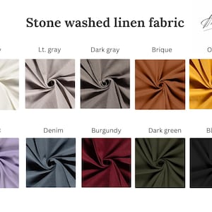 May include: Stone washed linen fabric swatches in 11 colors: ivory, light gray, dark gray, brique, oker, lilac, denim, burgundy, dark green, and black.
