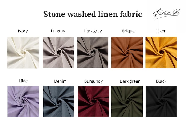 May include: Stone washed linen fabric swatches in 11 colors: ivory, light gray, dark gray, brique, oker, lilac, denim, burgundy, dark green, and black.