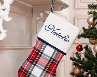 Personalized Plaid Christmas stockings with pompom trimmed cuff, family Christmas stockings, tartan Christmas stockings