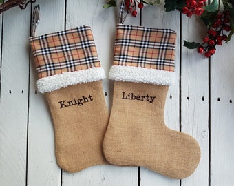 Plaid christmas stockings, burlap Christmas stockings, family christmas stockings, plaid and burlap christmas stockings