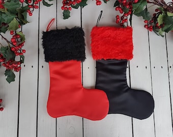 Fur christmas stockings, black christmas stockings, red christmas stockings, red and black fur stockings