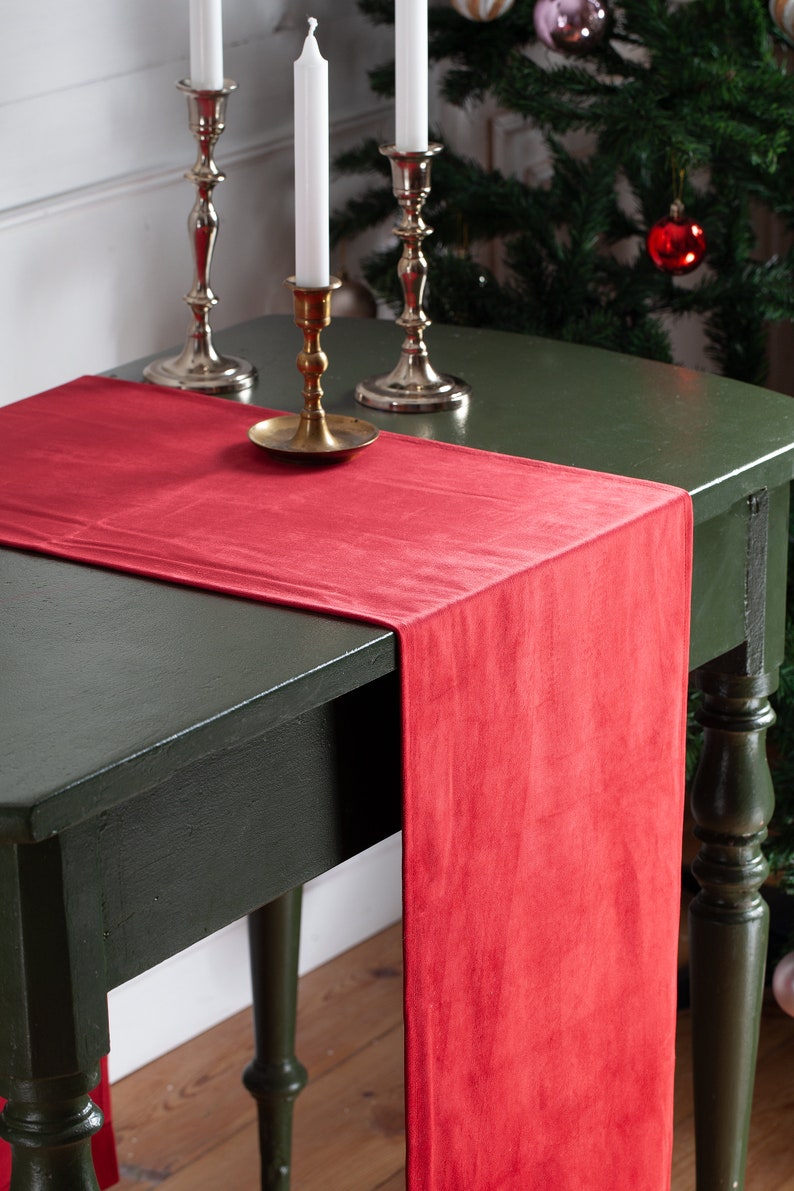 Red velvet table runner, dark blue table runner, velvet table runner image 1