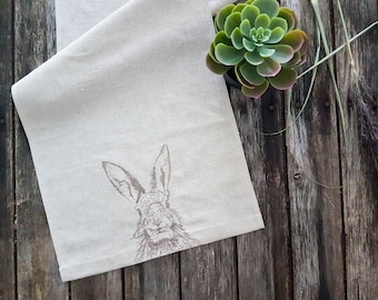 Linen table runner with hare embroidery, natural linen runner, Easter table runner