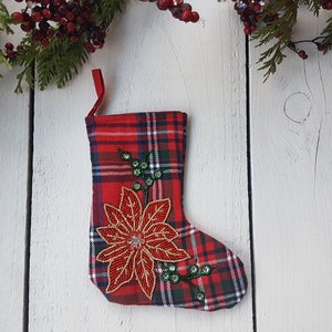 Christmas stockings, small stockings, embellished stockings, Whimsical little Christmas stockings Red poinsettia