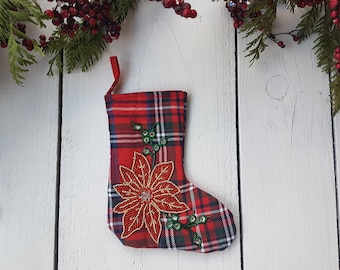 Poinsettia Christmas stocking, small stockings, embellished stockings, Whimsical little Christmas stockings