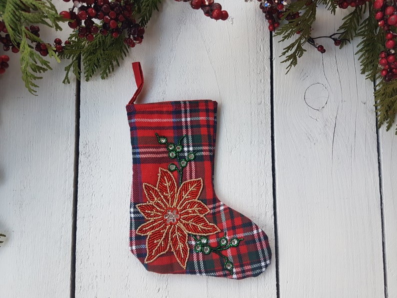 Christmas stockings, small stockings, embellished stockings, Whimsical little Christmas stockings Red poinsettia