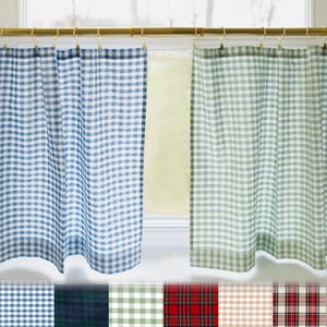Semi sheer curtains with clip rings for wardrobe, checkered cafe sliding door drapery hanging clip-on, gingham light filtering small window