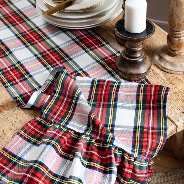 Ruffled end White Stewart table runner, ruffled table runner, gathered end plaid runner