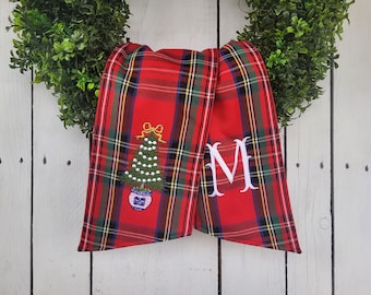 Chinoiserie plaid wreath sash, Christmas tree door wreath sash, Royal Stewart personalized wreath sash