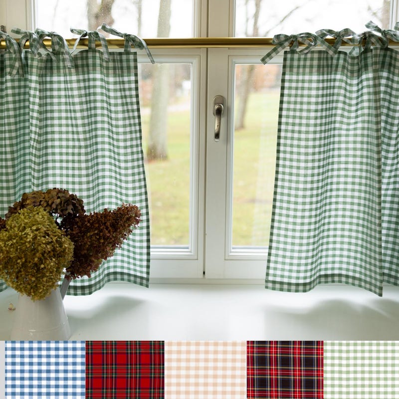 Tie top gingham curtains, semi sheer checkered for bathroom, hanging for small window, header drapes light filtering valances sink skirt