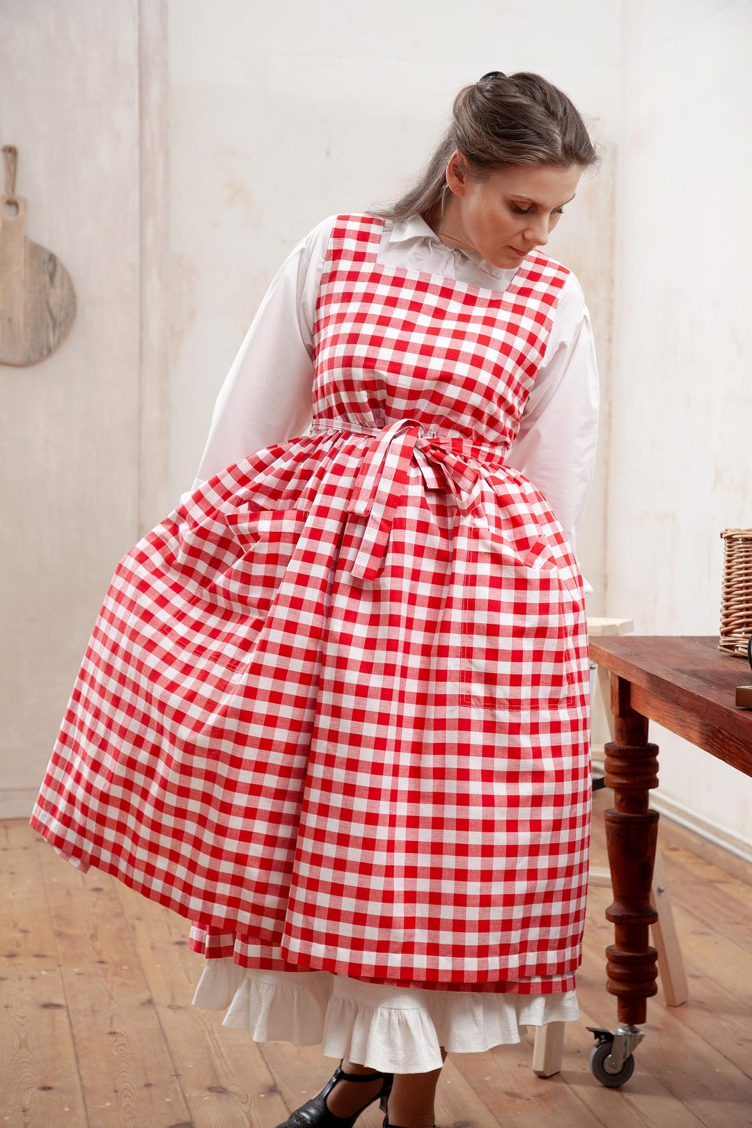 Checkered Pinafore Dress for Ladies, Tartan Cottagecore Apron With