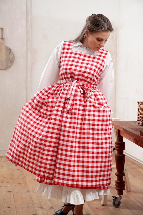 Checkered Pinafore Dress for Ladies, Tartan Cottagecore Apron With Checkered Pinafore Dress for Ladies, Tartan Cottagecore Apron With