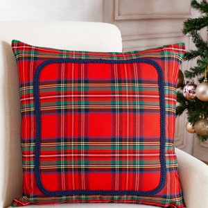 Royal Stewart plaid pillow cover with braided trim, farmhouse pillow cover, tartan pillow sham, red plaid pillow
