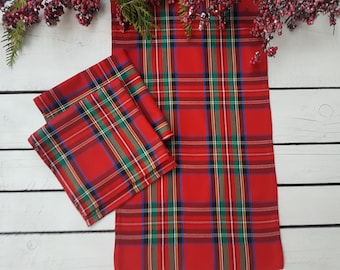 Red plaid table runner - plaid , tartan, check, red ,blue, black, green, white