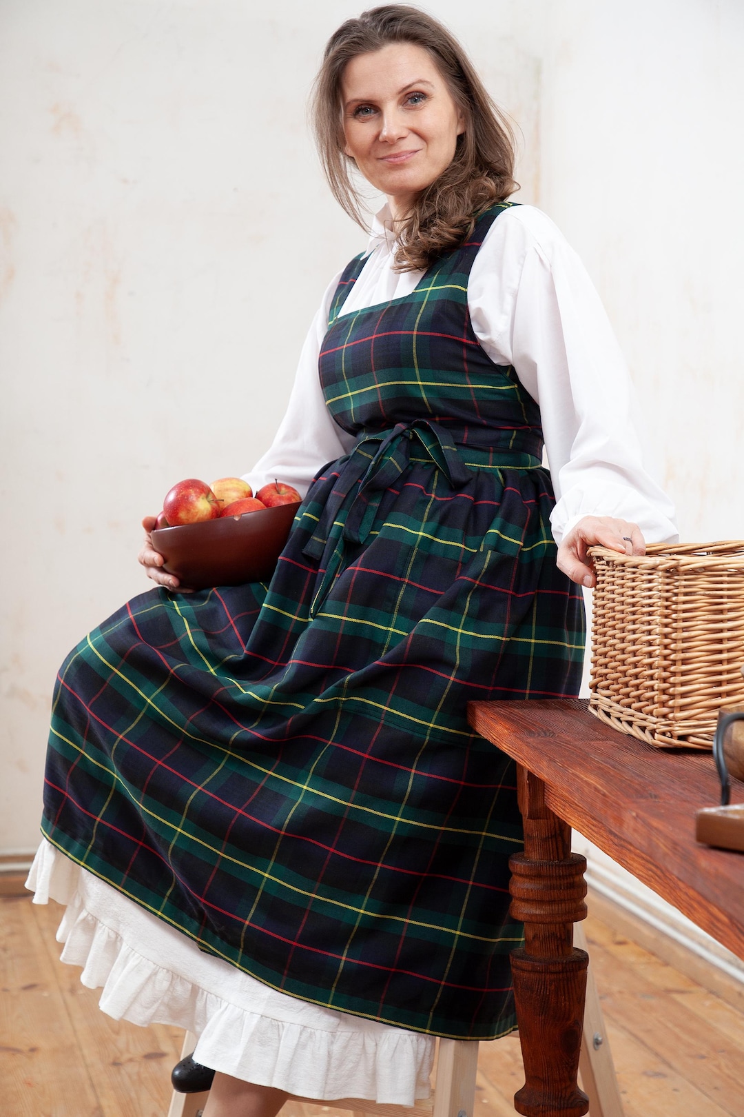 Long Pinafore Dress With Pockets, Gingham Apron for Ladies
