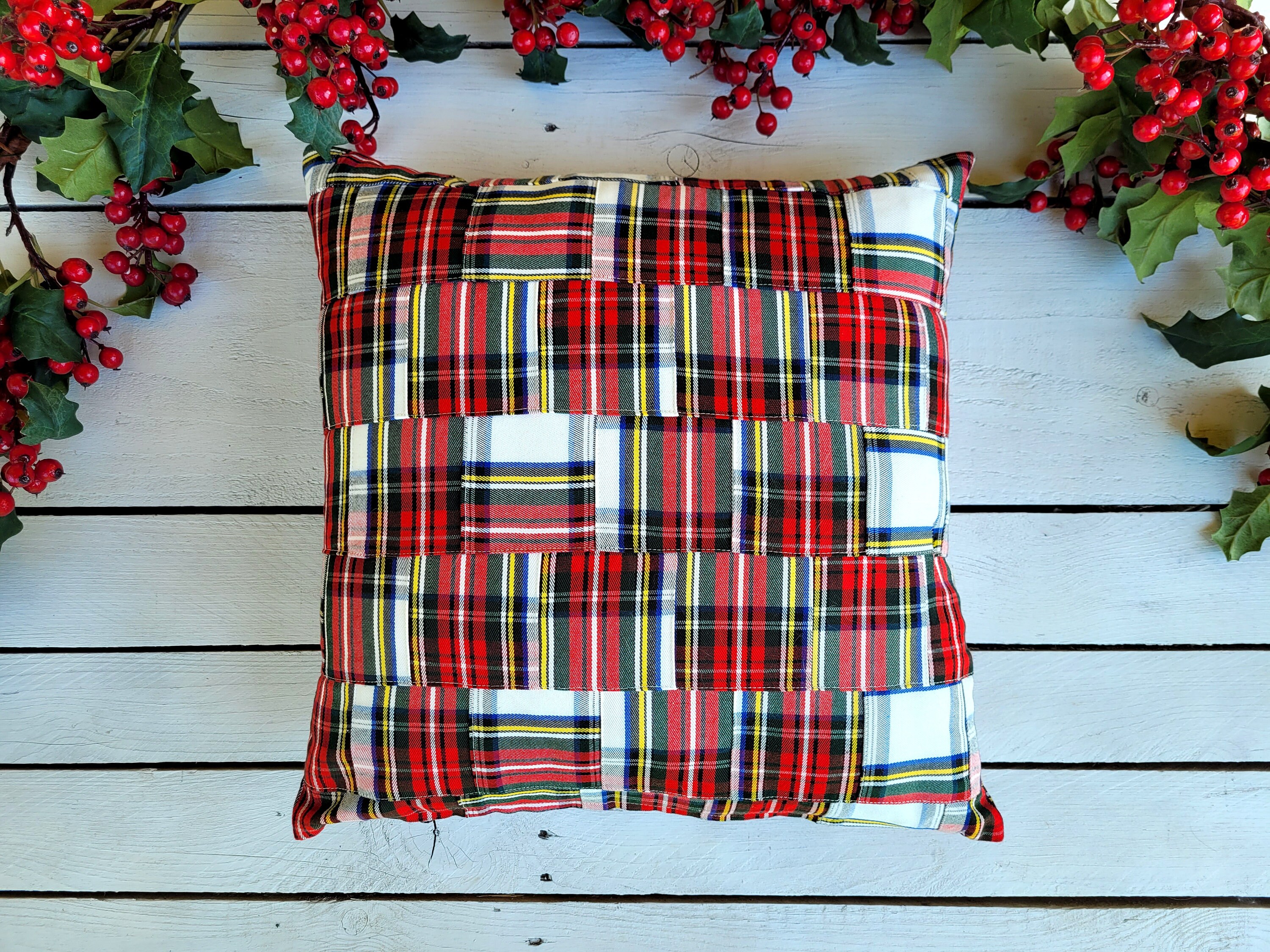 Patchwork White Stewart plaid pillow cover, decorative royal stewart throw pillow cover