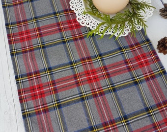 Gray tartan table runner - plaid , tartan, check, gray, blue, red, glack, yellow, white