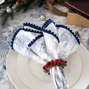 Toile napkins, Blue toile table linen, Festive French toile linen, Toile De Jouy table linen, festive dining
