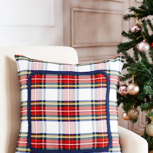 White Stewart plaid pillow cover with braided trim, farmhouse pillow cover, tartan pillow sham, white plaid decorative pillow cover image 1