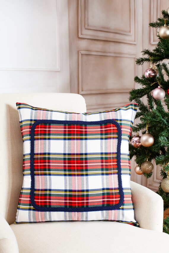 White Stewart Plaid Pillow Cover With Braided Trim, Farmhouse