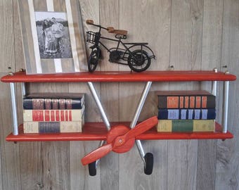 LARGE Red Airplane Shelf, Biplane Shelf, Red Stained Airplane, Aircraft Decor, Travel Decor, Airplane Decor