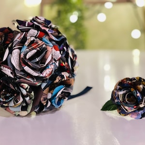 Comic Book Bouquet and Boutonnière Package, comic bouquet, comic flower bouquet,comic flowers