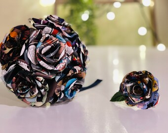 Comic Book Bouquet and Boutonnière Package, comic bouquet, comic flower bouquet,comic flowers