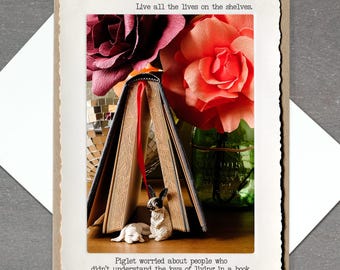 Bookworm Rabbit Card, Book Lover Gift, Funny TBR Card, Whimsical Animal Photography, Blank Card for a Reader, Celebrate Books