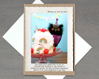 Owl Cake Birthday Card • For those who live their life by the power of snark and a healthy fear of glitter.