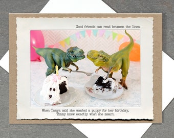 TRex Dog Cake Funny Birthday Card • For those who's friendships have come to resemble a mini, mind reading, convention
