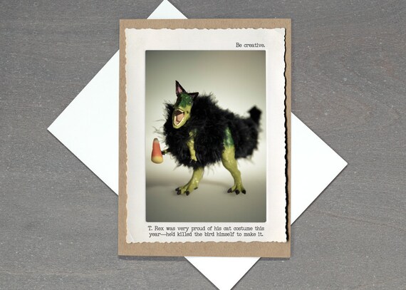 T. Rex Cat Costume Funny Halloween Card • DIY Humor Halloween Greeting Card • Funny Dinosaur Greeting Card • Creative Halloween Card