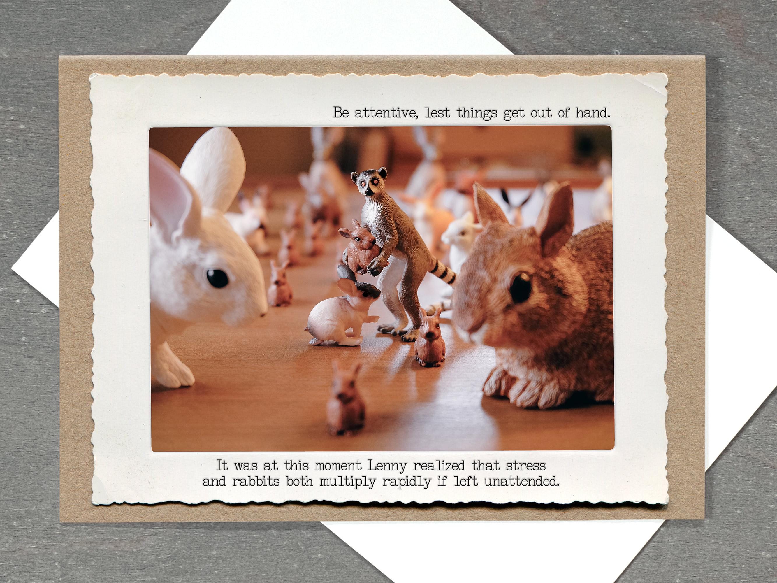Lemur and Rabbits Funny Card • Celebrate Not Collecting Stress • All Occasion Blank Card • Inspirational T. Rex Card • Everyday Empathy