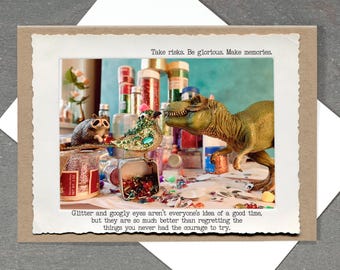 Raccoon TRex Glitter Funny Card • Funny Self Confidence Card • All Occasion Blank Card • You Only Live Once • No Regrets Card