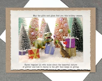 T Rex Glitter Card, Dinosaur Christmas Card, Funny Holiday Card, Glitter Is the Gift That Keeps on Giving