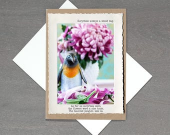 Haunted Penguin Card, Weird Funny Card, Creepy Cute Surprise, Surprises Always a Mixed Bag