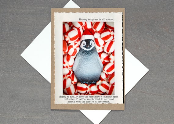 Peppermint Penguin Holiday Card • Funny Pumpkin Spice Card - Etsy 