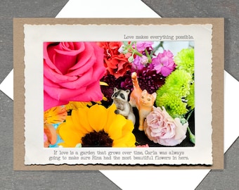 Raccoon Cat Flower Romantic Card, Anniversary Card, Gay Love Card, Lesbian Romance Card, WLW Card