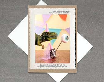 Raccoon TRex Party Card, Funny Dark Humor Card, Eyeball Party Joke, Someone Puts an Eye Out Birthday Card