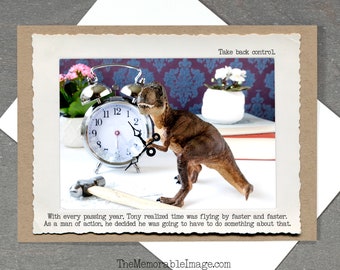 T. Rex Clock Hands Greeting Card • Funny Time Management Card