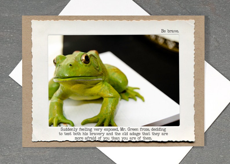 May include: A green frog with large eyes is sitting on a white surface. The frog is looking directly at the camera. The text "Be brave." is written in the top right corner of the image. The text "Suddenly feeling very exposed, Mr. Green froze, deciding to test both his bravery and the old adage that they are more afraid of you than you are of them." is written below the image.